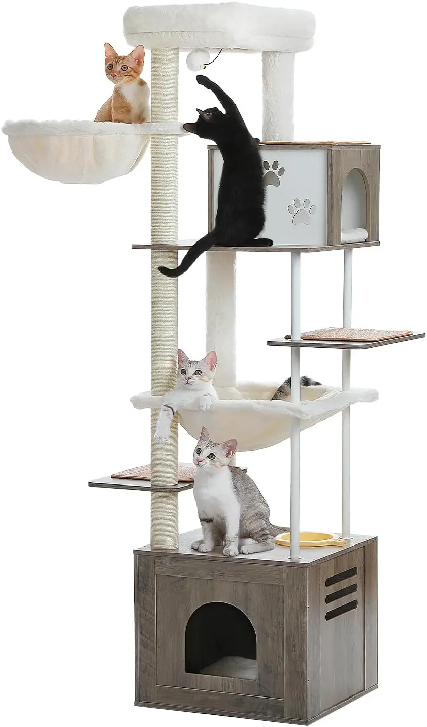 

Large Cat Tree with Food Station, 74.8 Inches Wooden Tall Cat Tower with Extra Large Condos and Hammocks,Spacious Perch,