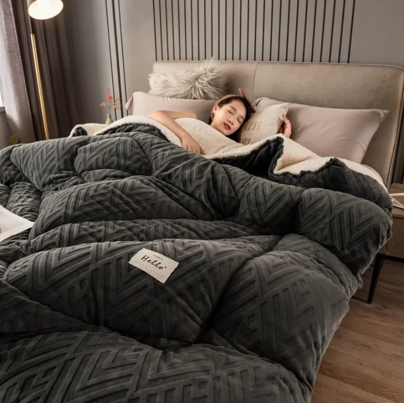 Thickened Milk Velvet Winter Blankets for Bed Soft Imitation Lambswool Weighted Blanket Queen Size Super Warm Winter Comforter