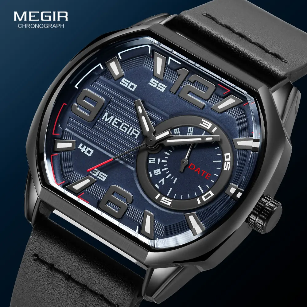 MEGIR Casual Sport Watches for Men Leather Strap Quartz Watch with Auto Date Luminous Hands Waterproof Octagon Wristwatch 2201