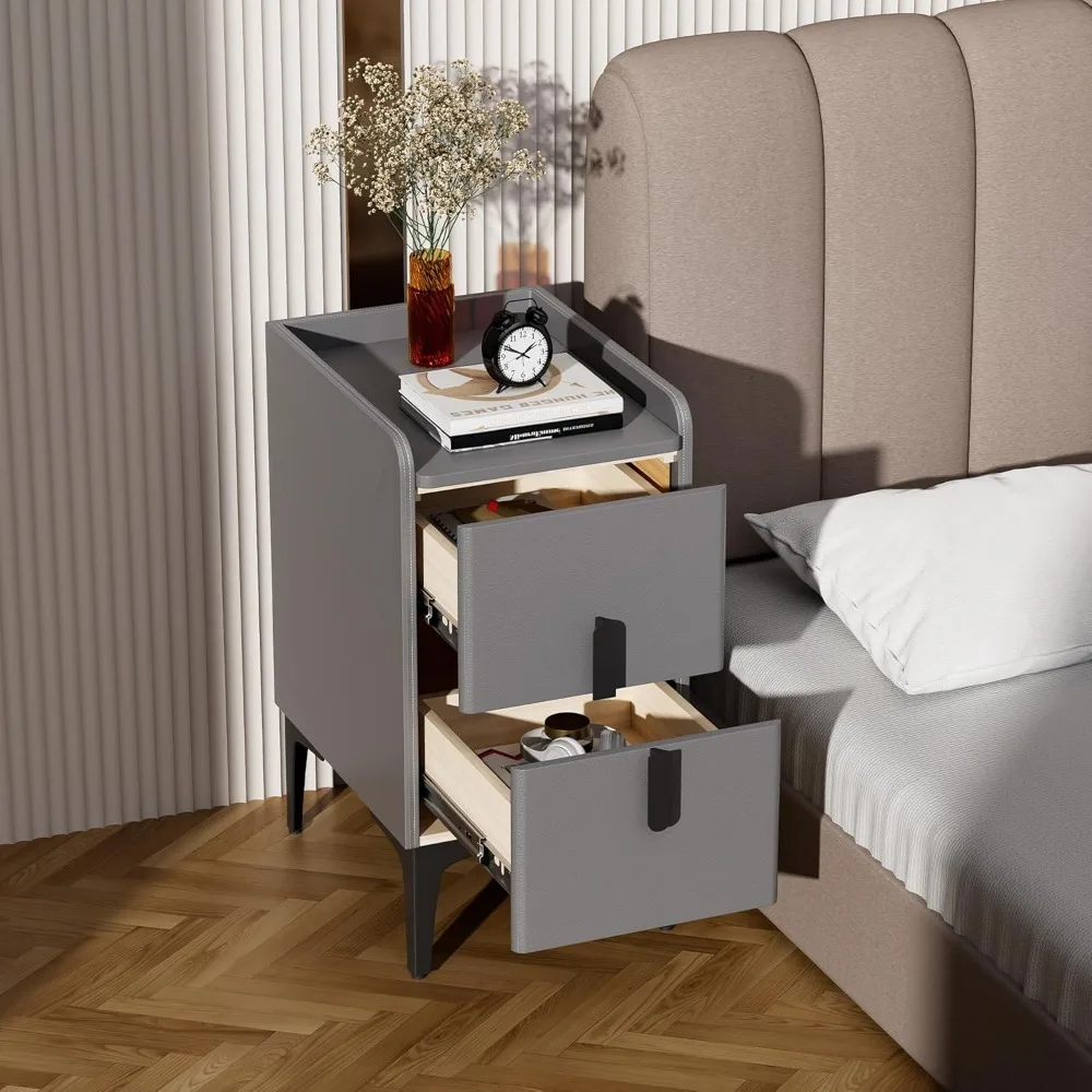 منضدة ضيقة مع درجين، سطح جلدي ضيق للطاولة الجانبية، طاولة بجانب السرير رفيعة لغرف النوم والمهاجع وغرف المعيشة #6