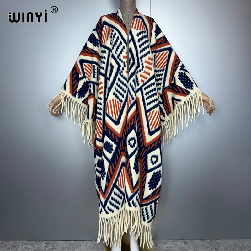 

WINYI зимний женский кардиган с бахромой, Абая Дубай, роскошное свободное пальто, женская зимняя верхняя одежда, длинное пуховое платье, праздничный кафтан