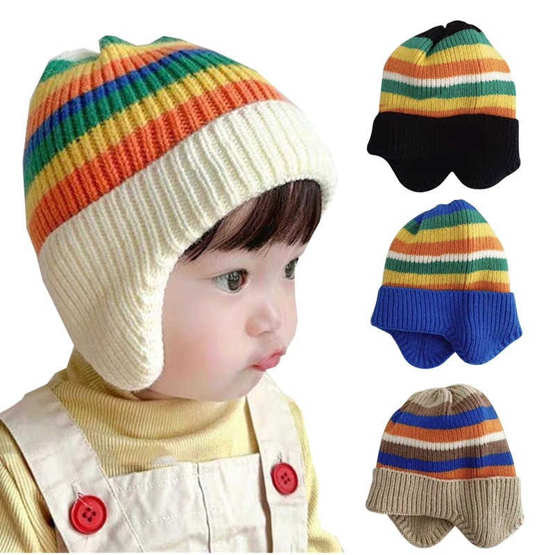 

Rainbow Baby Winter Hat Cotton Lining Kids Knitted Hat for Girls Boys Ears Protection Infant Bonnet Toddler Cap Children Beanie