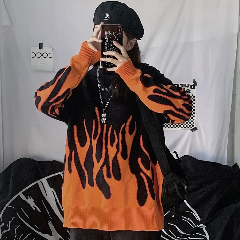 Halloween Pullovers Women Men Autumn Winter Sweaters Loose Flame Pattern Aesthetic Grunge Harajuku Pullovers