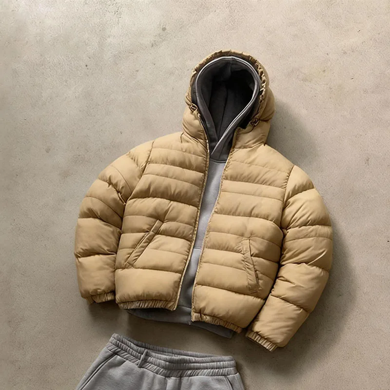 

Men's Streetwear Denim Puffer Jacket Set 2025 Autumn New Hooded Plaid Lined Coat + Gray Sweatpants Casual Outfit Oversized Fashi