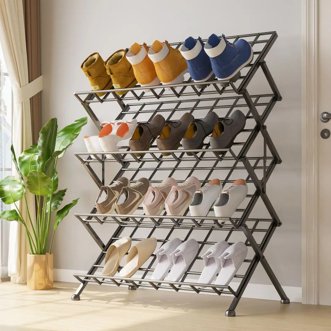 Foldable 4-Tier Black Metal Shoe Rack No Assembly Required Space Saving Shoe Storage Organizer For Entryway Living Room Shoe