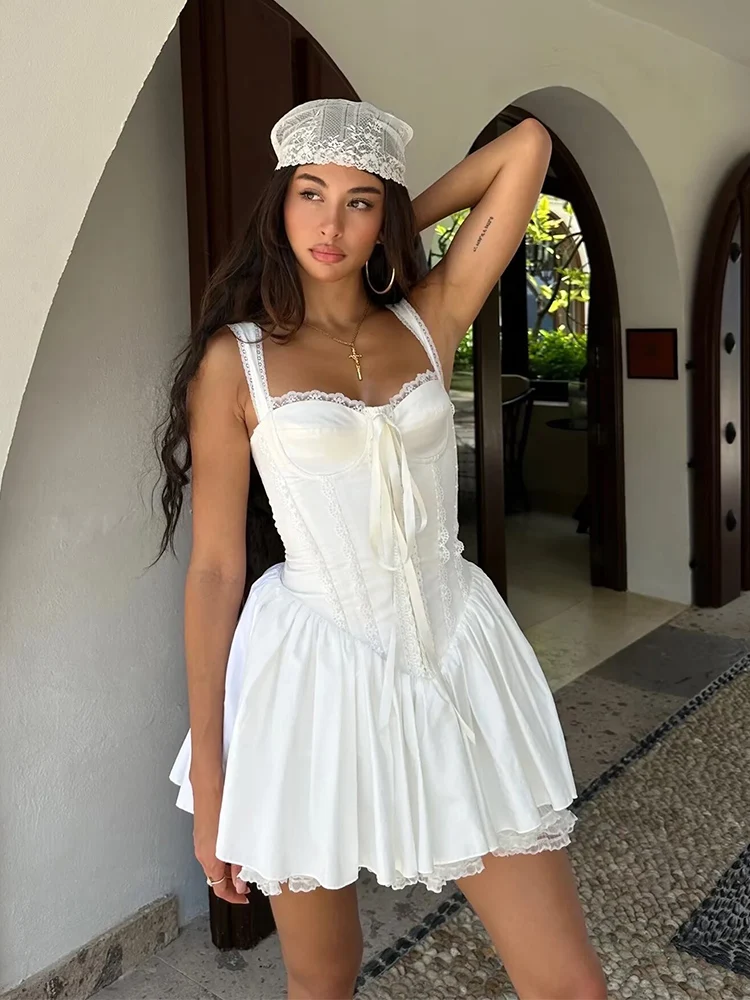 

Foridol Bowknot Back Lace Up White Dress Women Sleeveless Lace Decor Summer Short Dress Elegant A-line Party Sundress 2025 New