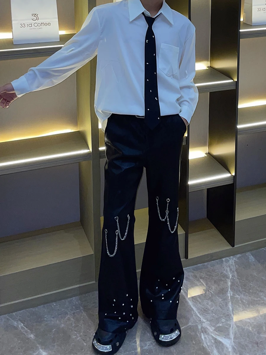 Korean Heavy Industry Rivet Chain Design Sense Black Trousers Men's Fashion Trend Loose  Rivet Chain High Street Casual Trousers