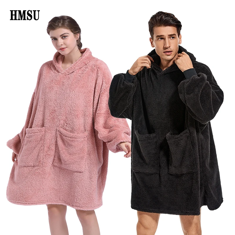 Hmsu oversized hoodie cobertor com mangas moletom xadrez inverno velo com capuz feminino bolso com capuz suor oversize femme