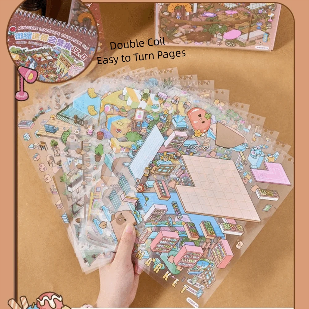 Retro PET Miniature Scene Collection Cartoon Visual Stacking Landscape Sticker Book DIY 3D Tent Sticker