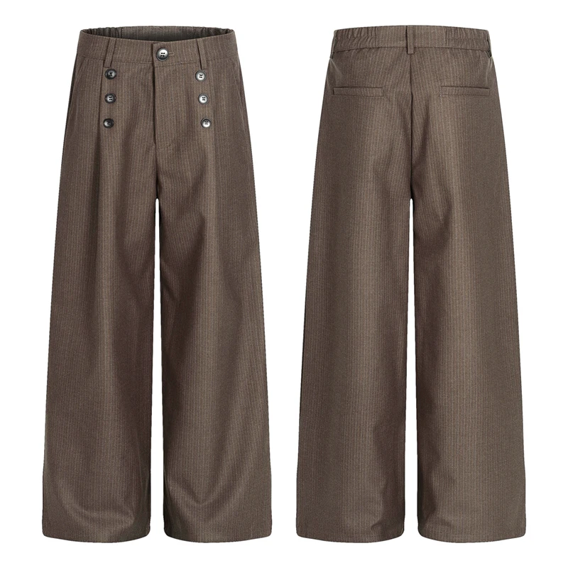 Korean Style Men's Suit Pants Pleated Design Solid Color Casual Multi-breasted Loose Straight Leg Male Trousers New