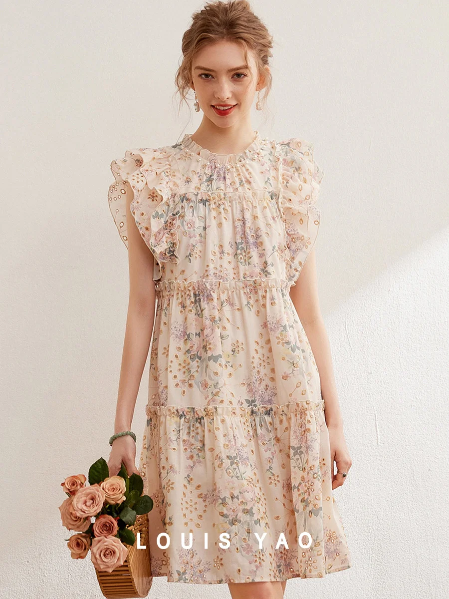 

LOUIS YAO 2025 Summer Sweet Nail Bead Mushroom Edge Floral Skirt Hollow Embroidery Flying Sleeves Loose Dress for Women