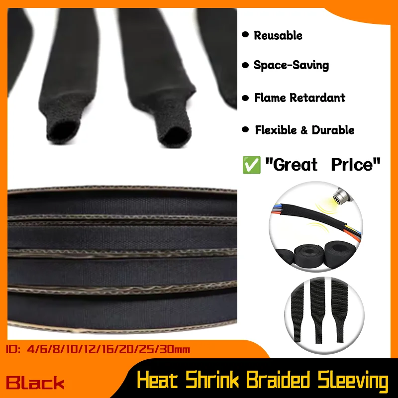 

1~50M Heat Shrink Braided Cable Sleeve 4/6/8/10/12/16/20/25/30mm PET Contraction Insulation Flam Retardant Wire Wrap Sheath