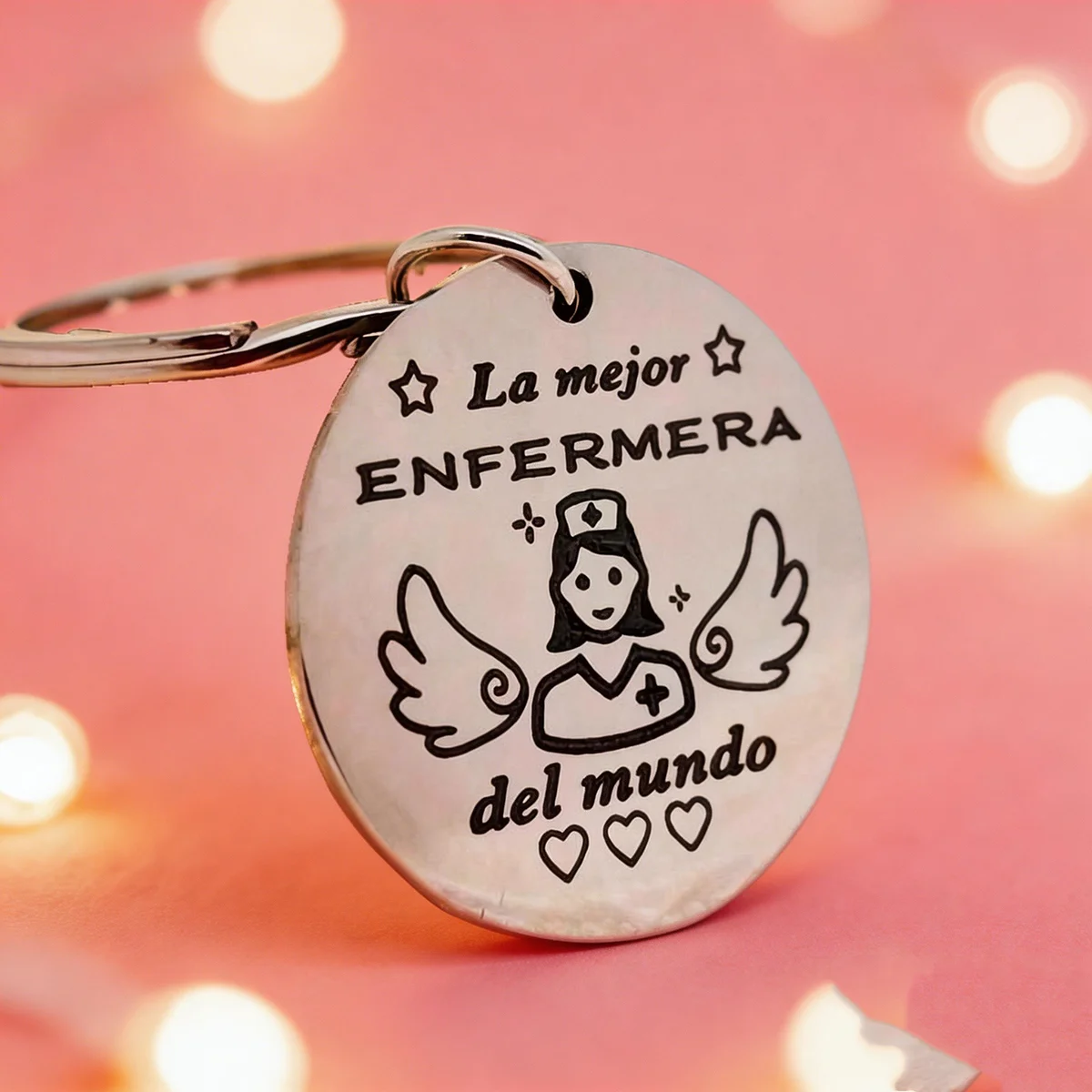 Stainless Steel Nurse Keychain, Angel Design with Spanish "The Best NURSE in The World" Engraving, Ideal Gift for Nurses view 6