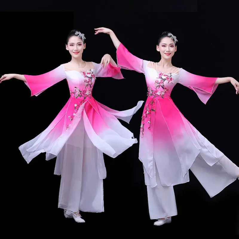 2024Hanfu Frauen klassische Tanz Performance Kostüm weibliche ethnische Jiangnan Regenschirm Tanz Fan Tanz erwachsene weibliche Yangko Kleid