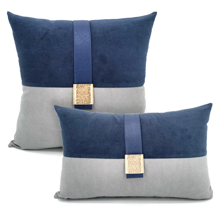 light luxury blue grey patchwork suede cushion cover golden buckle pillowcase sofa waist pillow cover