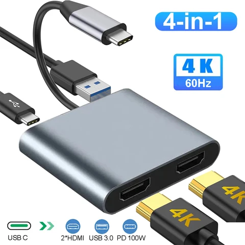 Док-станция 4-в-1 USB C HUB, совместимый с HDMI адаптер 4K/60 Гц, USB 3.0 HUB - HDMI PD100W, разветвитель USB C для MacBook топ 6 станция dex samsung - №6