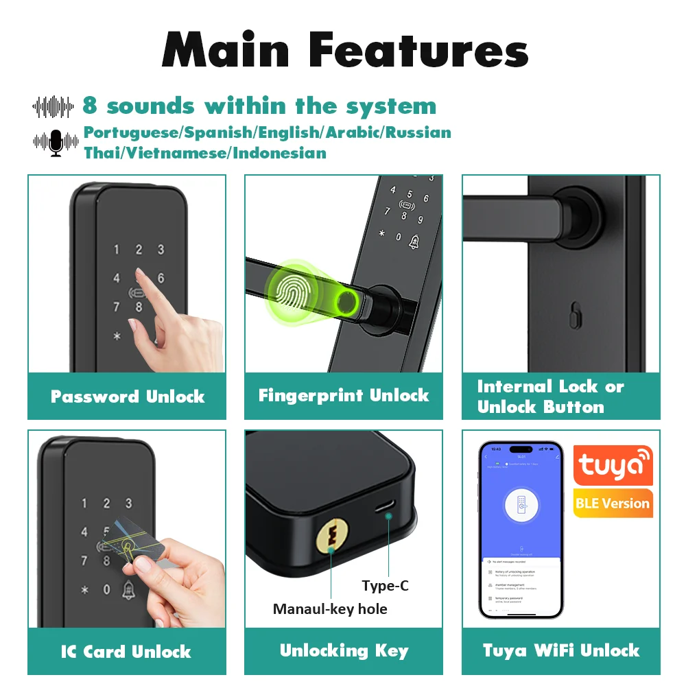 VBU Tuya Smart Fingerprint Door Lock, Keyless Entry Handle with Biometric & App Control for Bedroom, Garage, Office & Apartment