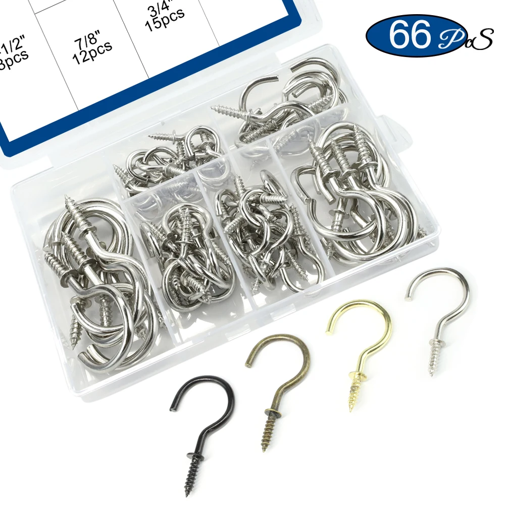 66pcs/set Screw-in Hooks Heavy-duty Ceil Hooks Kitchen Cup Hooks for Hanging Plant 3/4