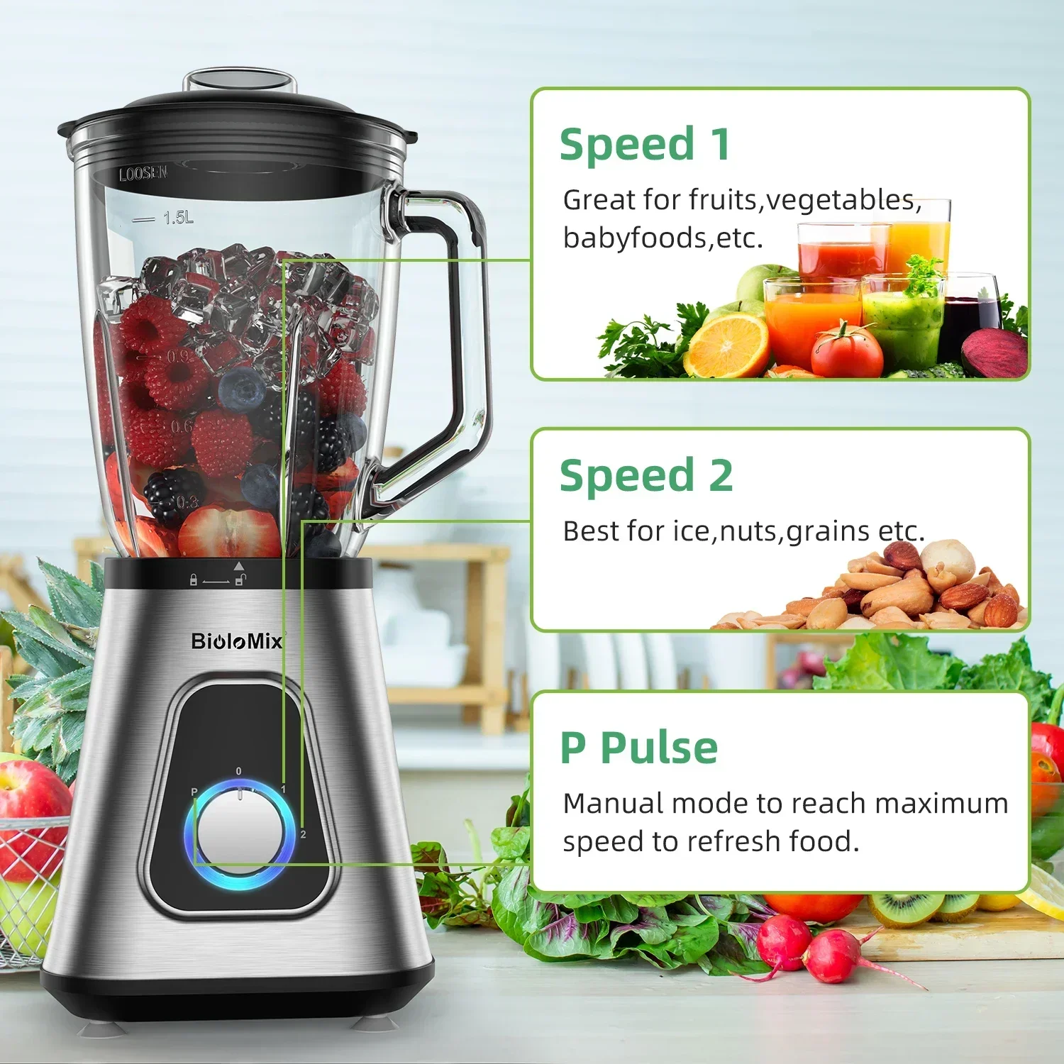 BioloMix 1300W Smoothie Blender with 1.5L Glass Jar, Personal Blenders Combo for Frozen Fruit Drinks,  Sauces