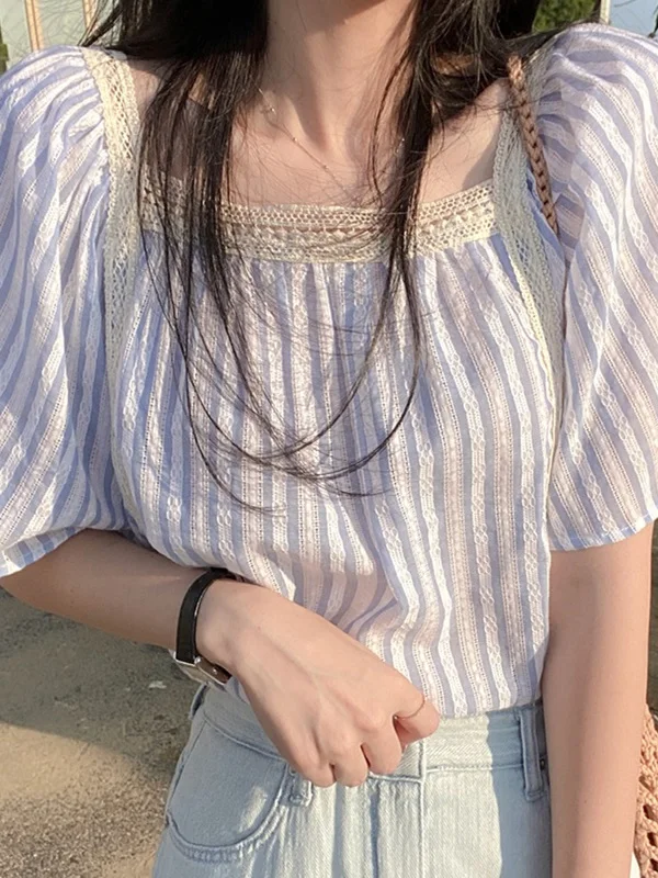 Bleu coton lin ort Sve irt été doux dentelle col carré poupée irt bulle Sve rayé irt décontracté coupe ample