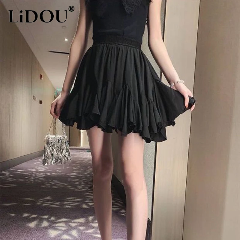 2023 Summer New Women\'s Clothing Elastic Waist Solid Color Bandage Pleated Mini Dress Women Fashion Sweet Lolita A-line Skirt