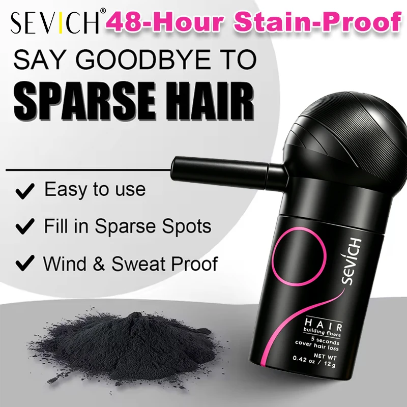Kit de fibras capilares SEVICH – 12 g de polvo de fibra + pulverizador, engrosa y estiliza el cabello fino al instante. De aspecto natural, fácil de usar