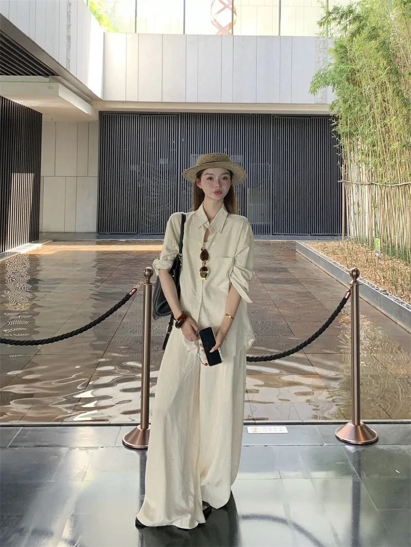 SuperAen 간단한 느슨한 패션 여성 옷깃 칼라 솔리드 컬러 셔츠 2025 여름 새로운 드레이프 캐주얼 바지 투피스 세트