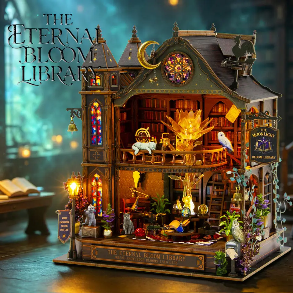 DIY Wooden the Eternal Bloom Library Cottage Miniature Model Kits With Furniture Casa Dollhouse for Friends Birthday Gifts