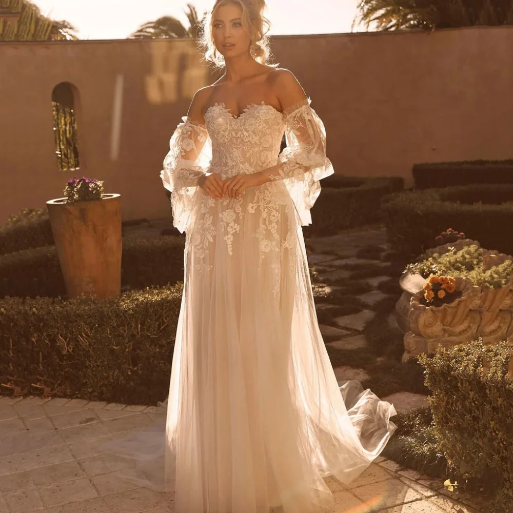 

Tulle Customized Luxury Wedding Dresses Appliques A-Line Bridal Gowns Lantern Sleeve Sweetheart Bride Robes Robe De Mariée