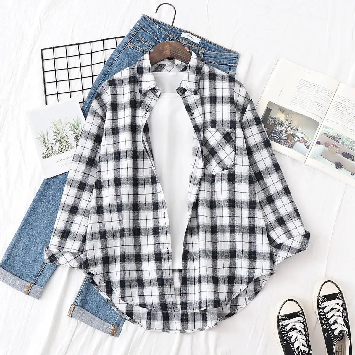 Elegante Vrouwen Plaid Shirt 2024 Nieuwe Dames Grote Maat Casual Losse Lange Mouw Blouse & Tops Vrouwelijke Revers Gecontroleerd kleding