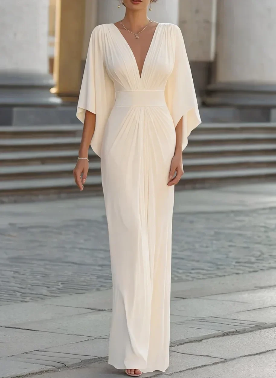 Damen-Maxikleid mit tiefem V-Ausschnitt und Cape-Ärmeln, plissierter Taille, elegantes Abendkleid für formelle Anlässe. – Detail 6