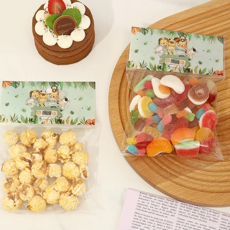 30/50 Stück Dschungeltier-Geschenktüten aus Kunststoff, selbstklebend, für die Dekoration von Erstgeburtstagsfeiern, Verpackungstüten für Schokolade, Snacks und Süßigkeiten – Detail 2