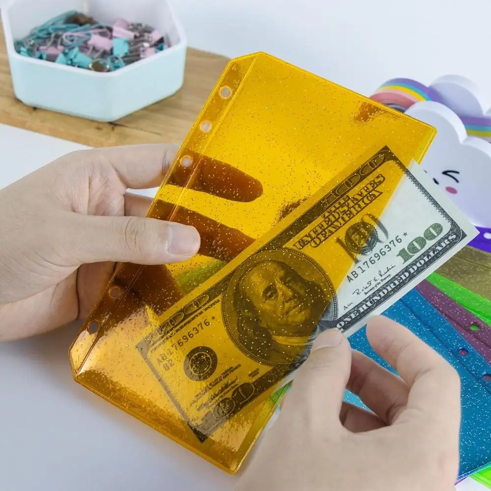 Flat Design PVC Binder Pockets 6-Hole Colorful Glitter Document Folders A6 Waterproof Document Filing Bag Sticker Organizer