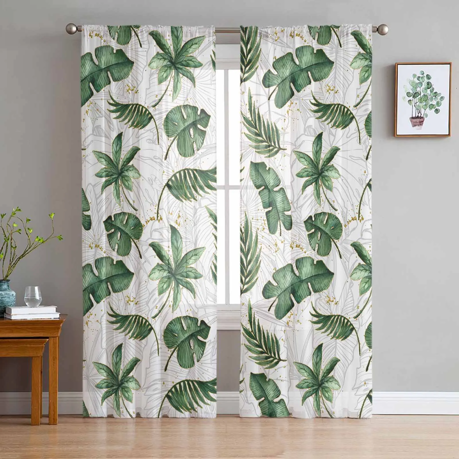 Summer Tropical Plants Palm Leaves Sheer Tulle Curtains for Living Room Valance Curtains Kitchen Bedroom Window Voile Drapery