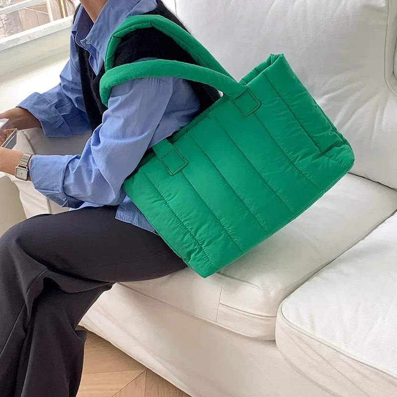 

Casual Padded Large Capacity Tote Bag Designer Quilted Women Handbags Nylon Down Cotton Lady Shoulder Bag Big Shopper Purse 2022