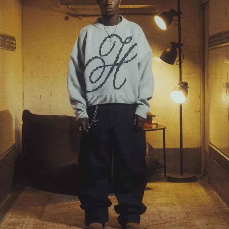 

Осенне-зимняя ограниченная серия, модный вязаный свитер в ленивом стиле, свитер с круглым вырезом и буквенным принтом, 2024, нейтральный универсальный вариант