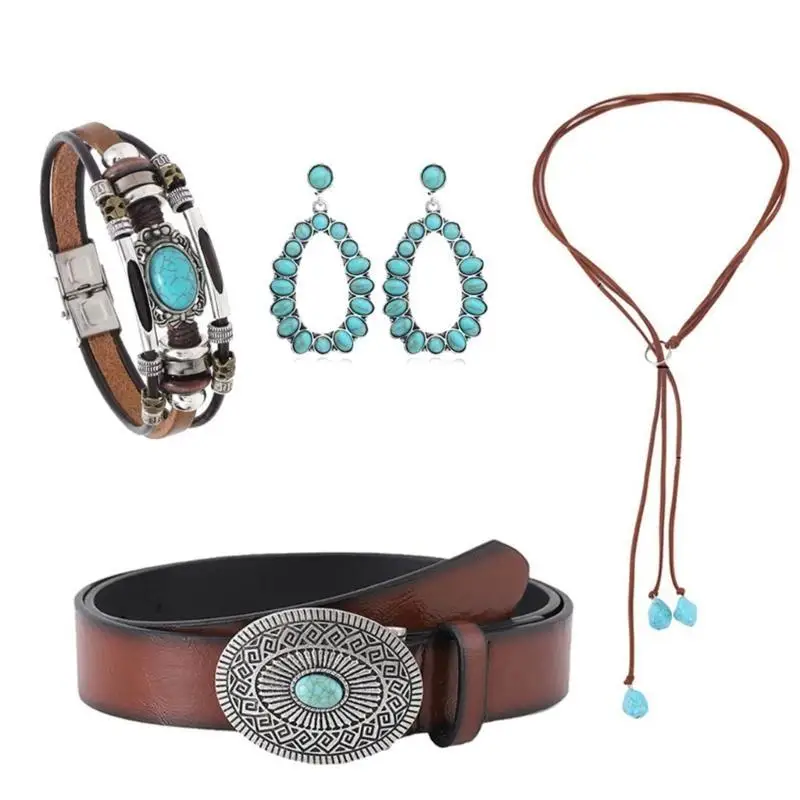 39BD Retros Ethnic Long Necklace with Turquoise Accent Women Tassels Necklace for Fashion Lover