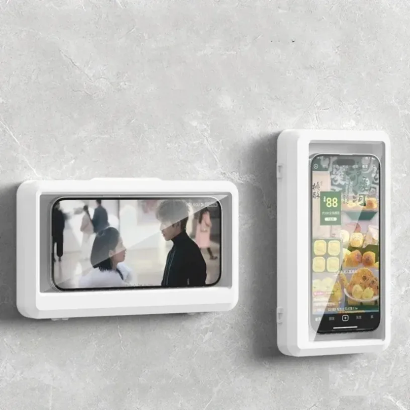 Suporte de parede à prova d'água e antiembaçante para celular com tela sensível ao toque, sem necessidade de furar, compatível com celulares de 4,7 a 7 polegadas, para banheiro, cozinha e lavabo.
