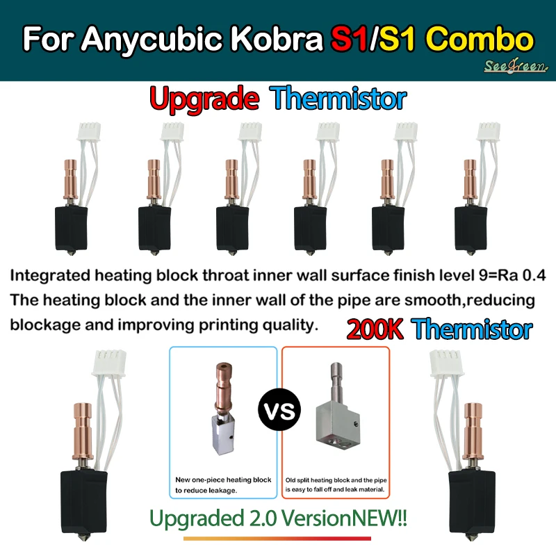 

Для Anycubic Kobra S1 Hotend керамика Новое обновление Hotend для Kobra S1 Combo Head S1C 3d-принтер 24 В 48 Вт 200 К Быстрый нагрев 300 ℃