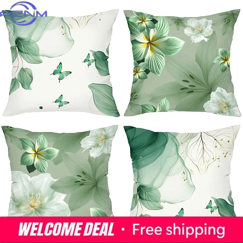 Green Floral Butterfly Printed Decorative Throw Pillow Cases Polyester pillowcase, sofa decorative cushion cov Headboard Pillow