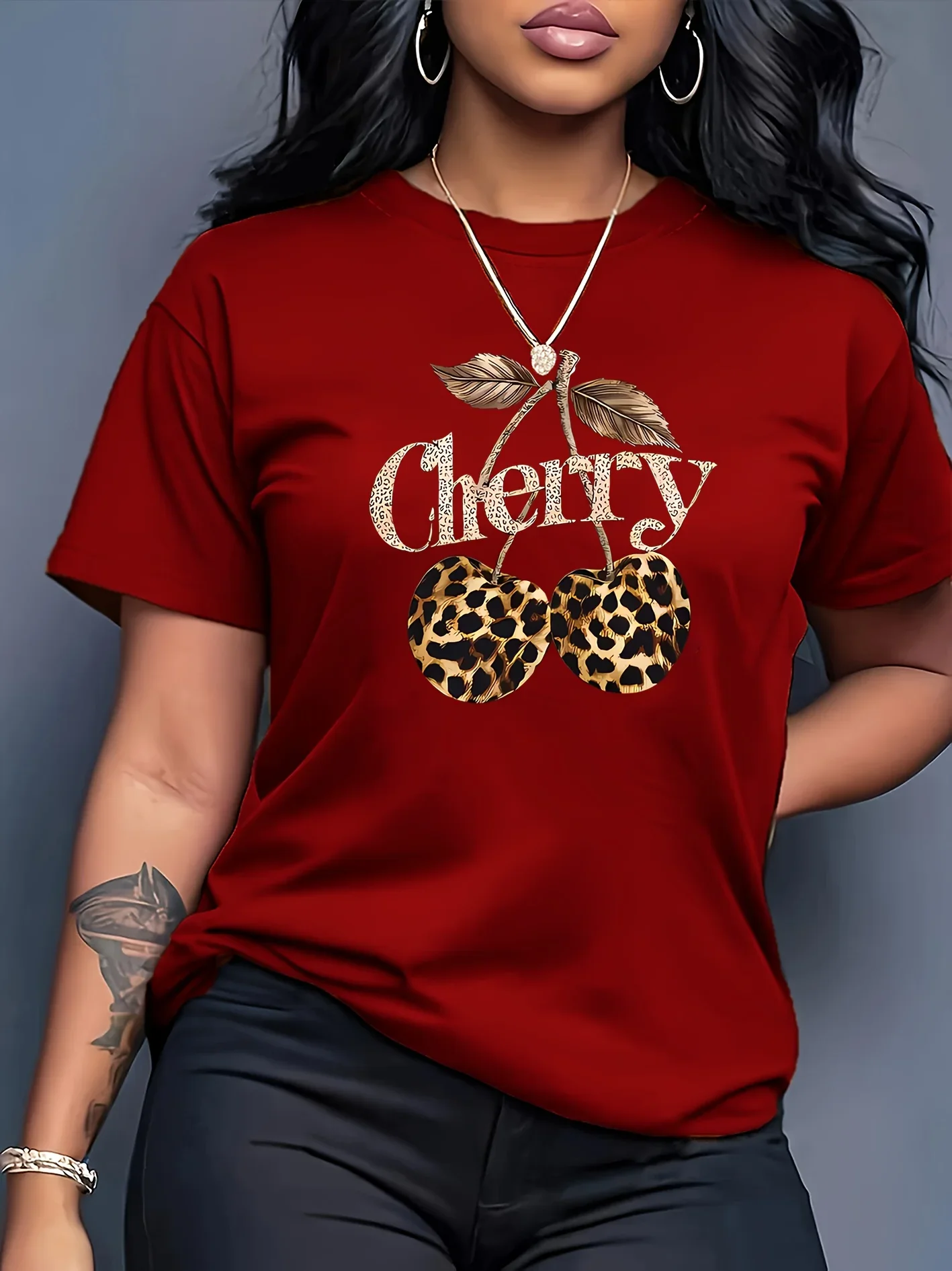 

Women's Casual Cherry Print T-Shirt with Leopard Print Cherries Letter Design Short Sleeve Crew Neck Ladies T Shirts