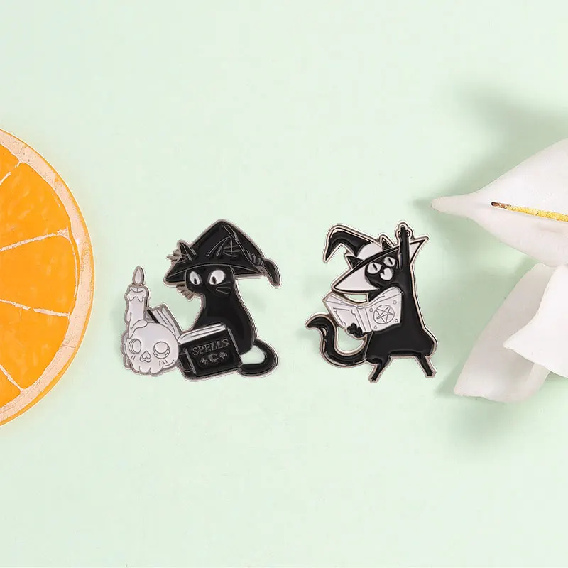 Wizard Black Cat Enamel Pins White Candle Skeleton Spell Book Witch Cat Brooches Gothic Halloween Badge Jewelry Gifts