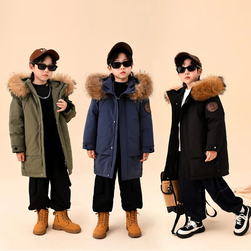 OLEKID Winter Teens Boy Down Jackets 3-14Y Children Boy Faux Fur Collar Parka Ski Outfits Junior Boys Thick Warm Mid-length Coat