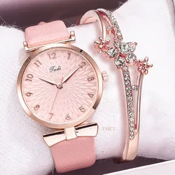 Ensemble de montre-bracelet à quartz en cuir pour femme, montre-bracelet décontractée, ceinture à fleurs, cadeaux d'horloge, mode