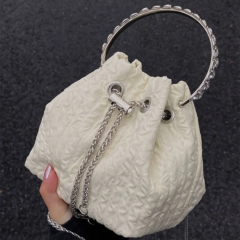 Korean Diamond Handle Handbag Simple Fashion Shoulder Pouch Drawstring Bucket Bag Sweet Chain Crossbody Bag