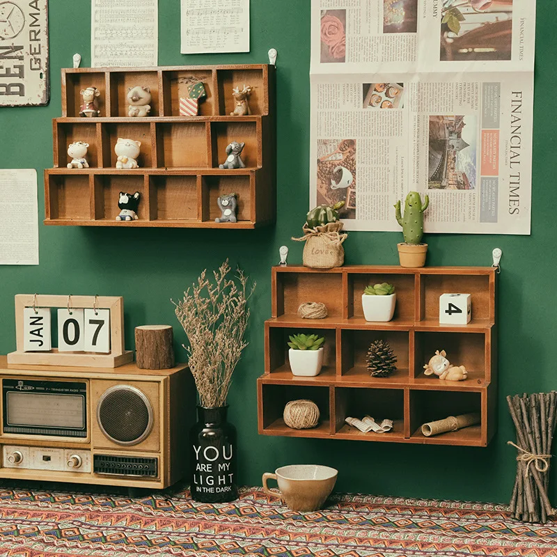 Wooden Desktop Storage Shelf 12/9 Grid Wall-Mounted Display Cabinet Multi-Purpose Home Organizer Storage Box