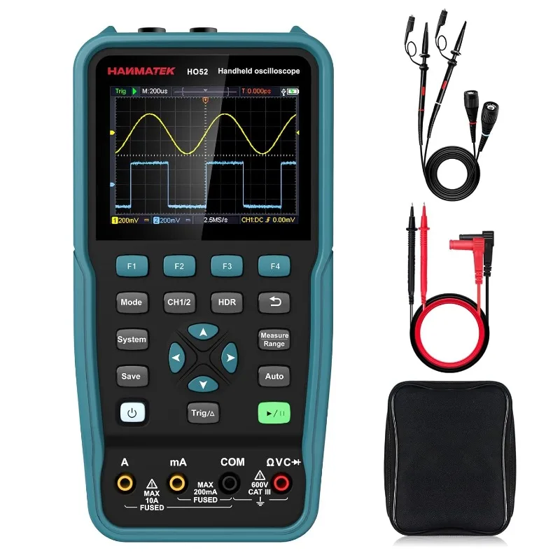

Handheld Digital Oscilloscope 50Mhz Bandwidth with 2 Channels HO52 3.5" TFT Mini Oscilloscope, 2 in 1 Oscilloscope and