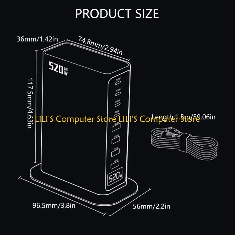 

A52B 520W USB Тип C GANS Зарядка Hubs 8 Port Quick Resect Solution для домашнего офиса и поездки на различные устройства