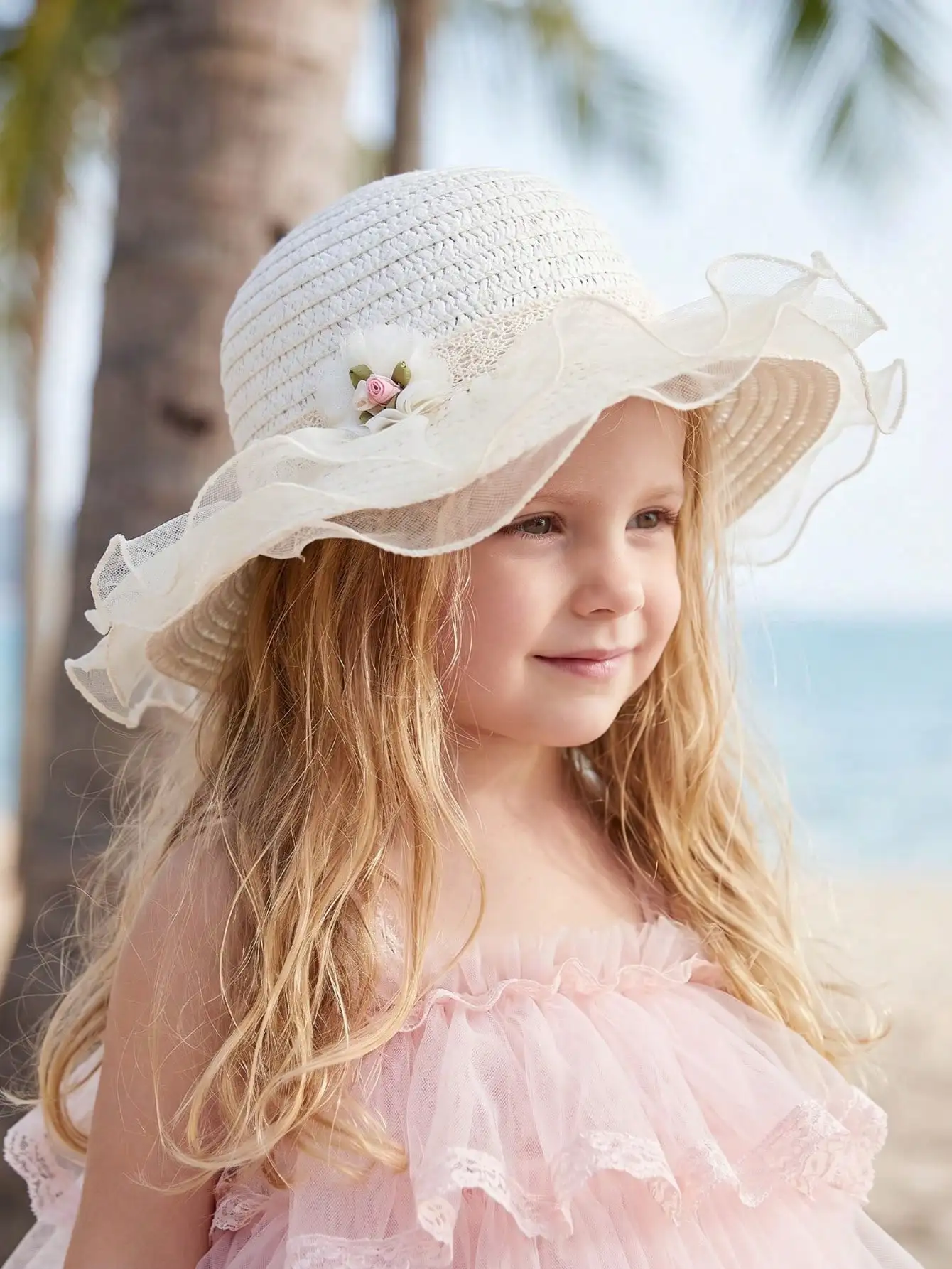 1 Stück weißer Strohhut für Mädchen im Alter von 3–8 Jahren, zarter Blumen-Tüll, leichter, atmungsaktiver Sommer-Sonnenhut