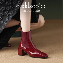 Ods Women Boots Patent Genuine Leather Chelsea Boots Shoes Zipper Square Toe Gray Autumn Winter Ladies Ankle Boots Female Red41